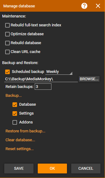 Manage database dialog