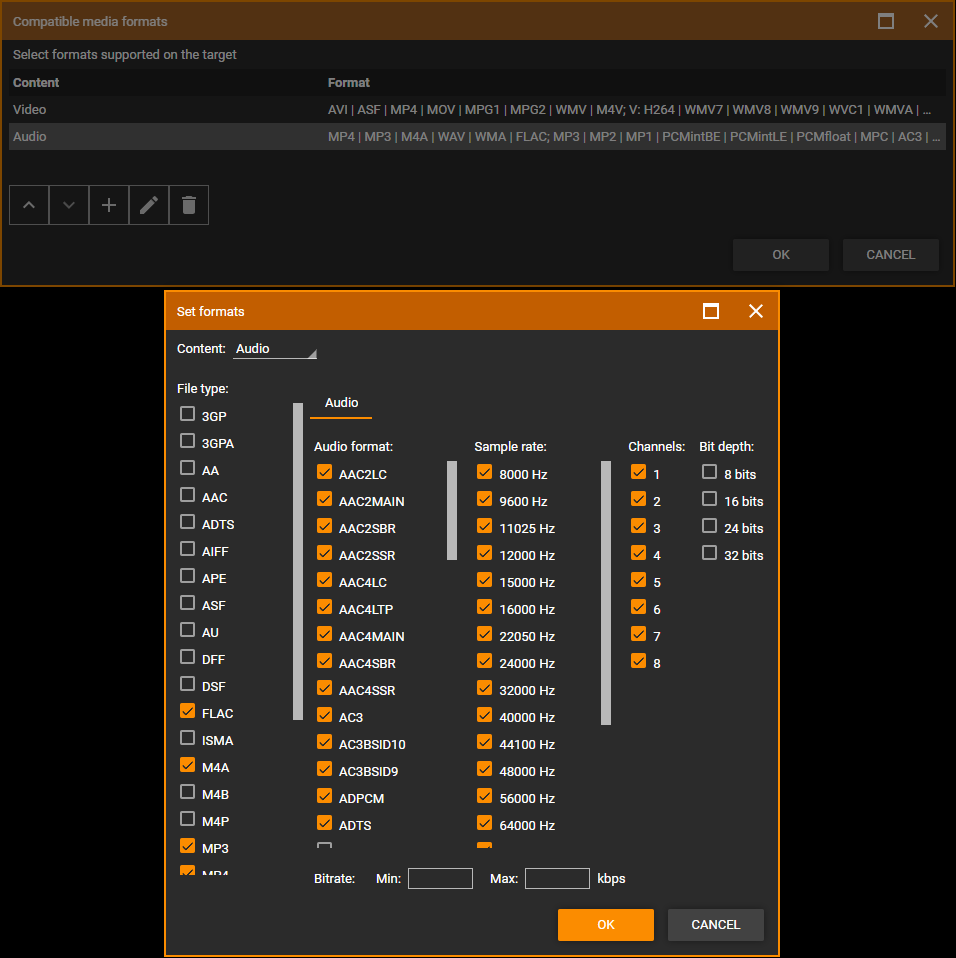 MediaMonkey Options Auto-Conversion Set Formats settings