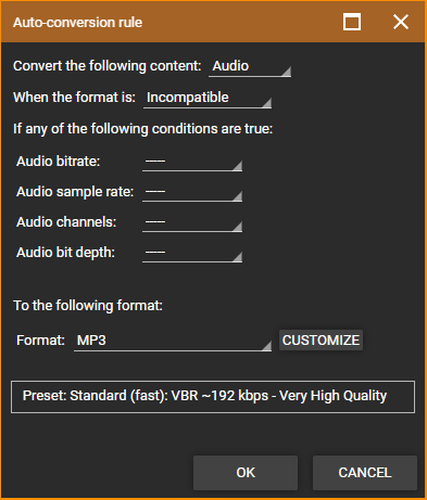 MediaMonkey Options Auto-Conversion Rule settings
