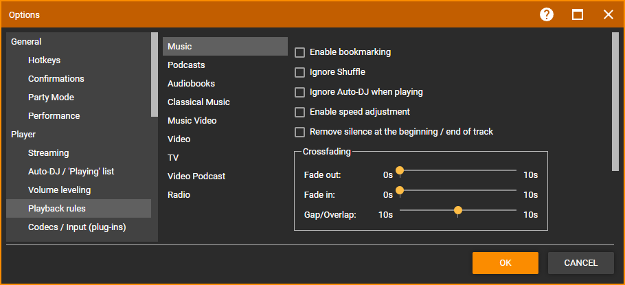 MediaMonkey Options Playback Rules, Crossfade & Silence Removal