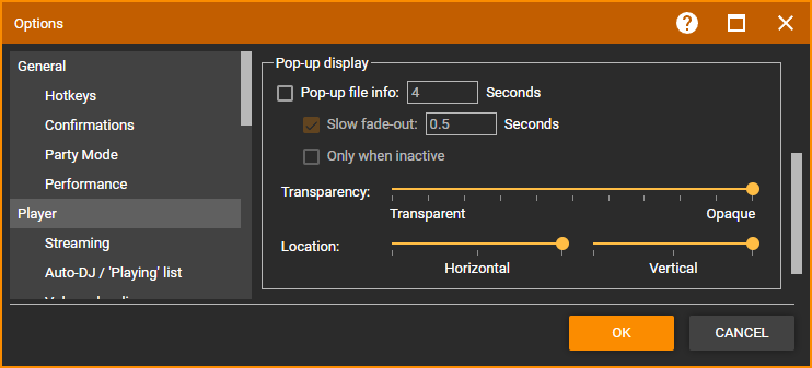 MediaMonkey Options Player Pop-up Display