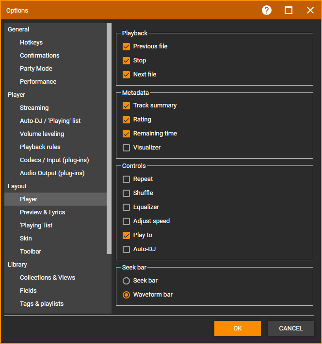 MediaMonkey Options Player layout
