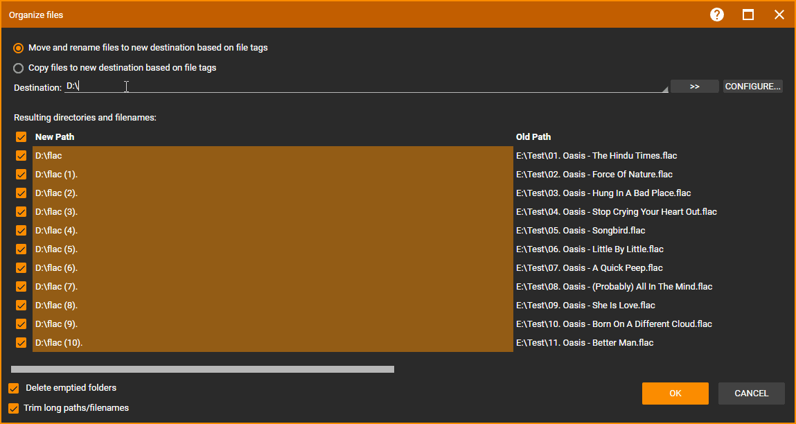 MediaMonkey Organize Files dialog