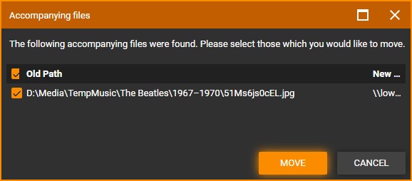 MediaMonkey Auto-Organize Files Accompanying Files dialog