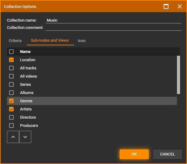 MediaMonkey Collection Options Sub-Nodes tab