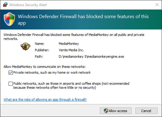 MediaMonkey First Run Windows Defender Alert