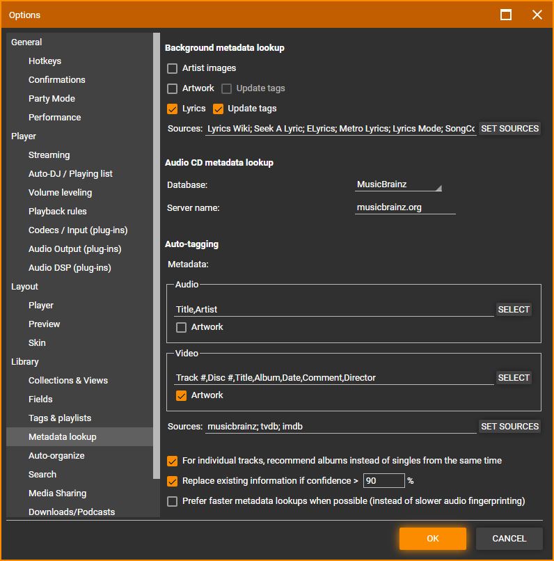 MediaMonkey Options Metadata lookup