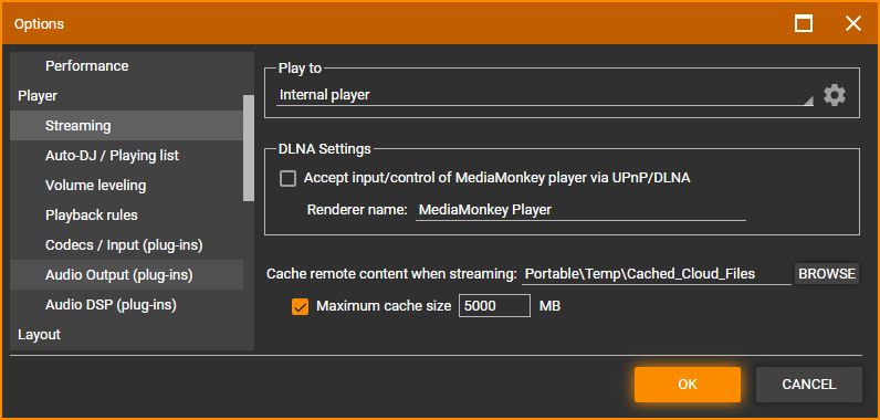 MediaMonkey Options Streaming