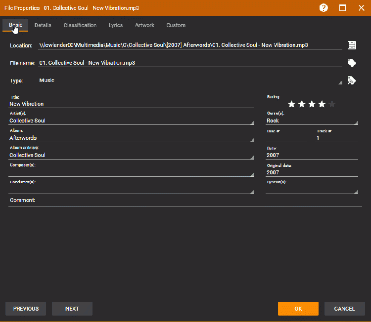MediaMonkey Properties dialog