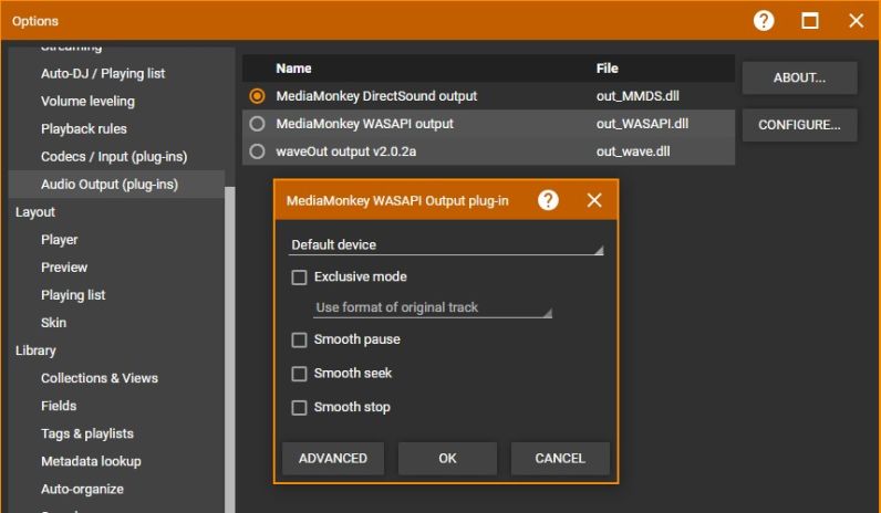 MediaMonkey Options Audio Output (plug-ins)