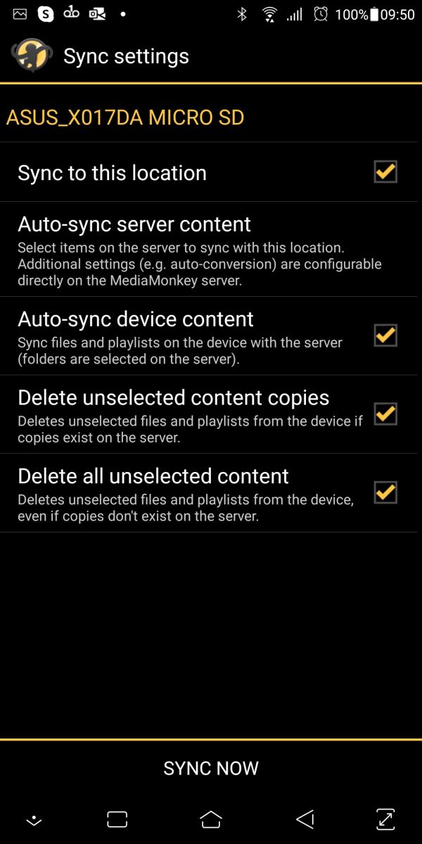 MMA Options Wi-Fi Sync Device Settings